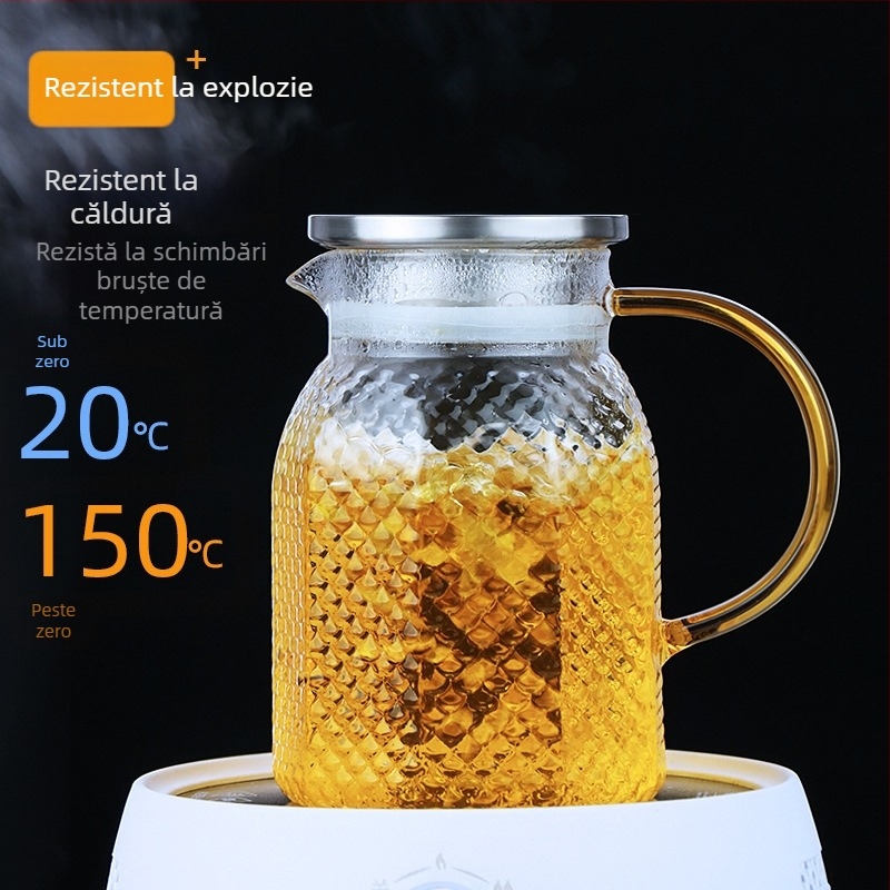 Ceainic din sticlă borosilicată, cu textură ciocănită și model glaciar, capacitate mare, pentru ceai și băuturi