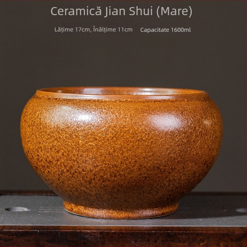 Vas din ceramică brută în stil Jianshui pentru resturi de ceai, cu recipient pentru spălarea ceaiului și bazin Zen din ceramică, pentru ceremonia ceaiului acasă
