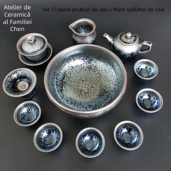 Set de ceai Kung Fu Jianyang Jianzhan: ceainic, gaiwan cu glazură cu picături de ulei și motiv cu o sută de flori, cană pentru distribuție echitabilă și vas mare pentru spălatul ceaiului