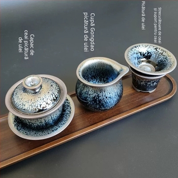 Set de ceai Kung Fu Jianyang Jianzhan: ceainic, gaiwan cu glazură cu picături de ulei și motiv cu o sută de flori, cană pentru distribuție echitabilă și vas mare pentru spălatul ceaiului