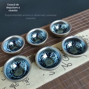 Set de ceai Kung Fu Jianyang Jianzhan: ceainic, gaiwan cu glazură cu picături de ulei și motiv cu o sută de flori, cană pentru distribuție echitabilă și vas mare pentru spălatul ceaiului