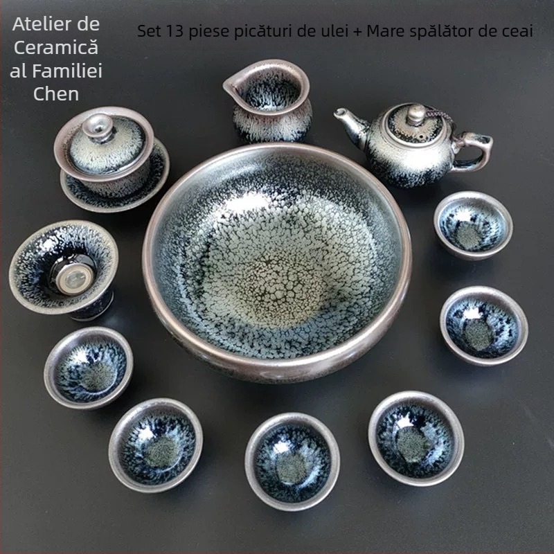 Set de ceai Kung Fu Jianyang Jianzhan: ceainic, gaiwan cu glazură cu picături de ulei și motiv cu o sută de flori, cană pentru distribuție echitabilă și vas mare pentru spălatul ceaiului
