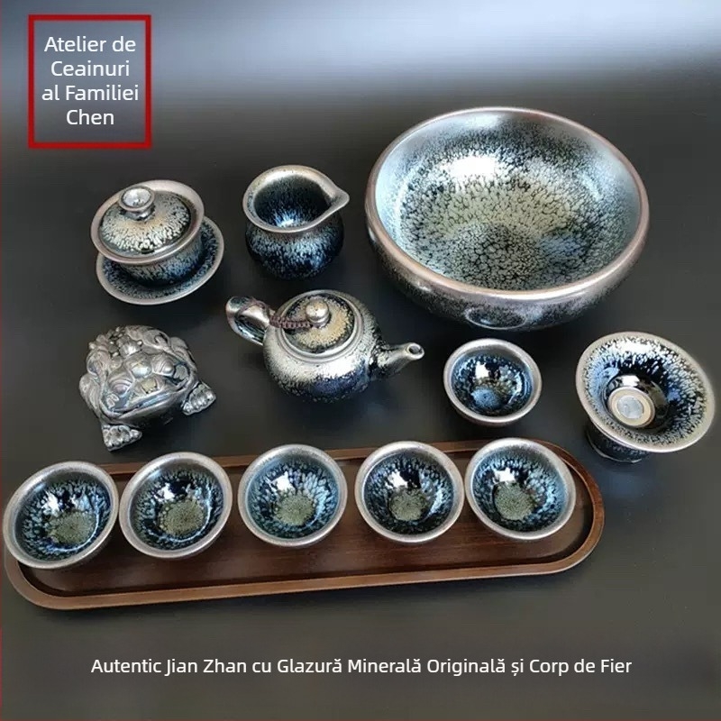 Set de ceai Kung Fu Jianyang Jianzhan: ceainic, gaiwan cu glazură cu picături de ulei și motiv cu o sută de flori, cană pentru distribuție echitabilă și vas mare pentru spălatul ceaiului