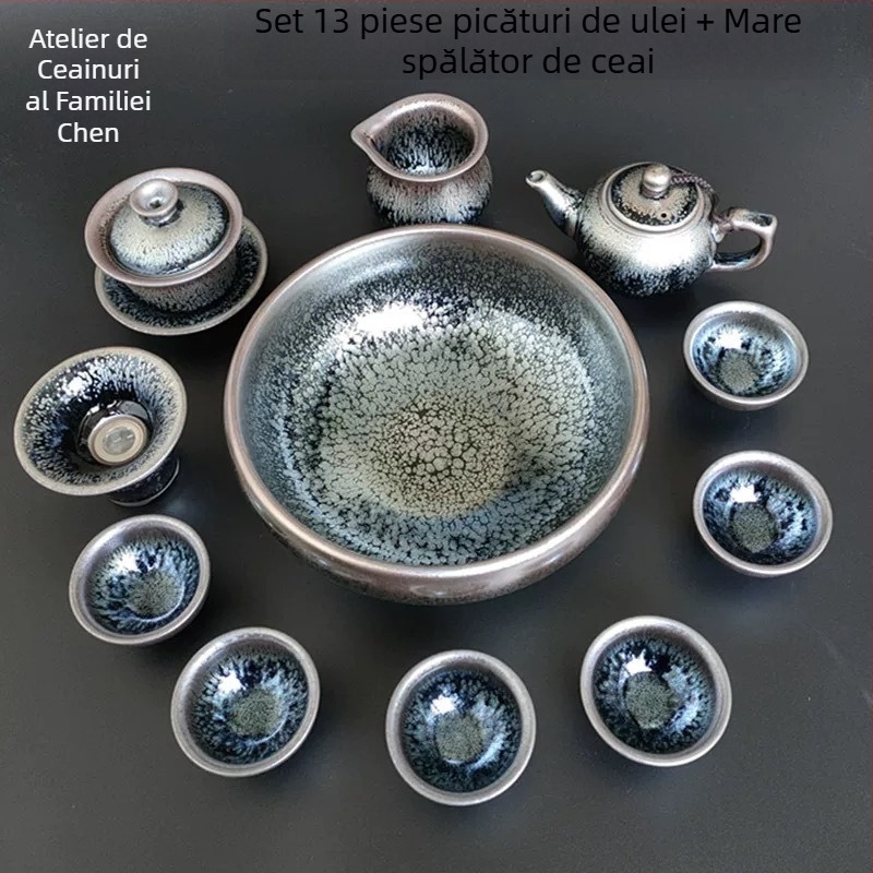 Set de ceai Kung Fu Jianyang Jianzhan: ceainic, gaiwan cu glazură cu picături de ulei și motiv cu o sută de flori, cană pentru distribuție echitabilă și vas mare pentru spălatul ceaiului