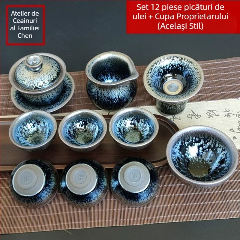 Set de ceai Kung Fu Jianyang Jianzhan: ceainic, gaiwan cu glazură cu picături de ulei și motiv cu o sută de flori, cană pentru distribuție echitabilă și vas mare pentru spălatul ceaiului