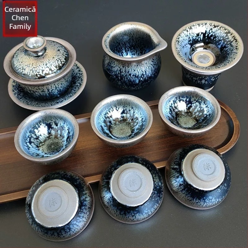 Set de ceai Kung Fu Jianyang Jianzhan: ceainic, gaiwan cu glazură cu picături de ulei și motiv cu o sută de flori, cană pentru distribuție echitabilă și vas mare pentru spălatul ceaiului