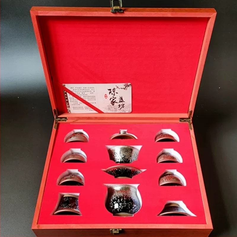 Set de ceai Kung Fu Jianyang Jianzhan: ceainic, gaiwan cu glazură cu picături de ulei și motiv cu o sută de flori, cană pentru distribuție echitabilă și vas mare pentru spălatul ceaiului