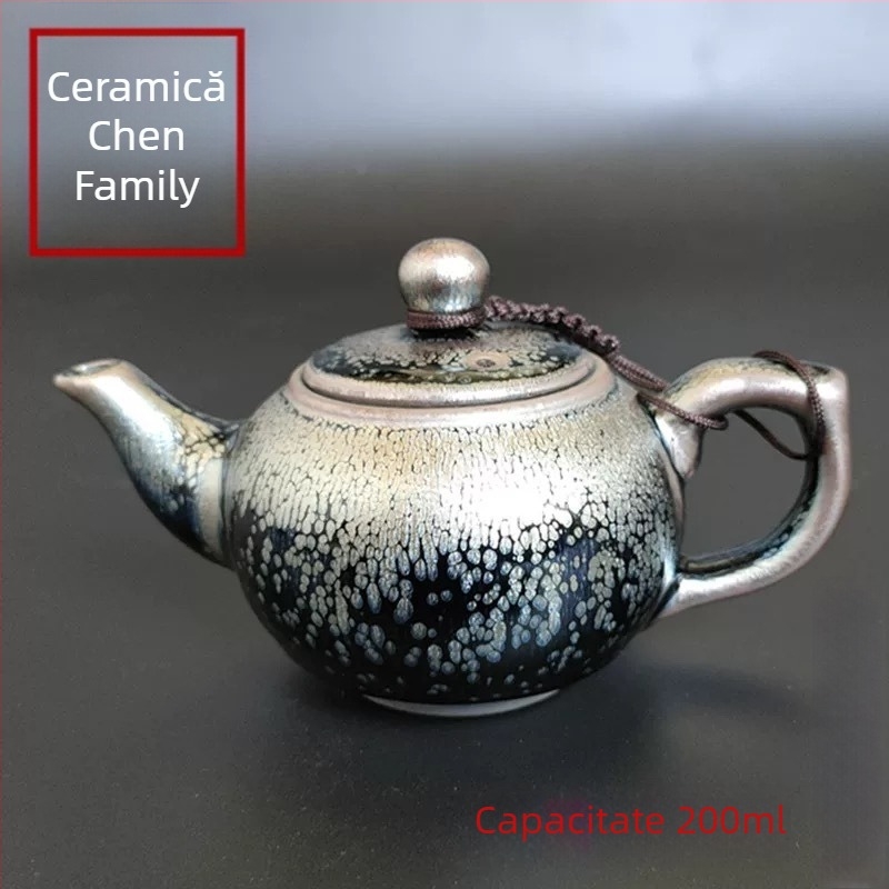 Set de ceai Kung Fu Jianyang Jianzhan: ceainic, gaiwan cu glazură cu picături de ulei și motiv cu o sută de flori, cană pentru distribuție echitabilă și vas mare pentru spălatul ceaiului