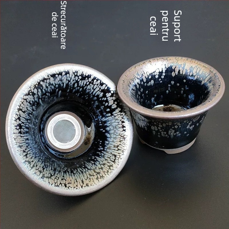 Set de ceai Kung Fu Jianyang Jianzhan: ceainic, gaiwan cu glazură cu picături de ulei și motiv cu o sută de flori, cană pentru distribuție echitabilă și vas mare pentru spălatul ceaiului
