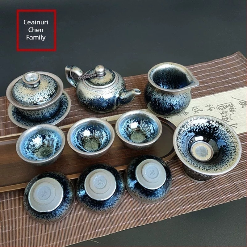 Set de ceai Kung Fu Jianyang Jianzhan: ceainic, gaiwan cu glazură cu picături de ulei și motiv cu o sută de flori, cană pentru distribuție echitabilă și vas mare pentru spălatul ceaiului