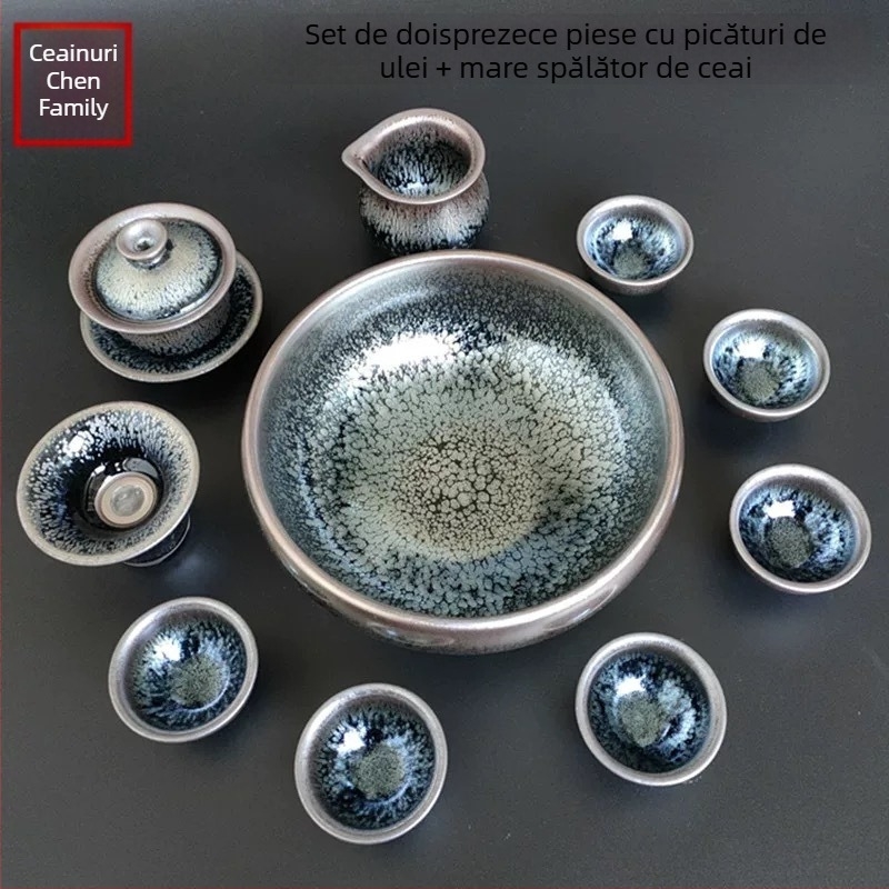Set de ceai Kung Fu Jianyang Jianzhan: ceainic, gaiwan cu glazură cu picături de ulei și motiv cu o sută de flori, cană pentru distribuție echitabilă și vas mare pentru spălatul ceaiului
