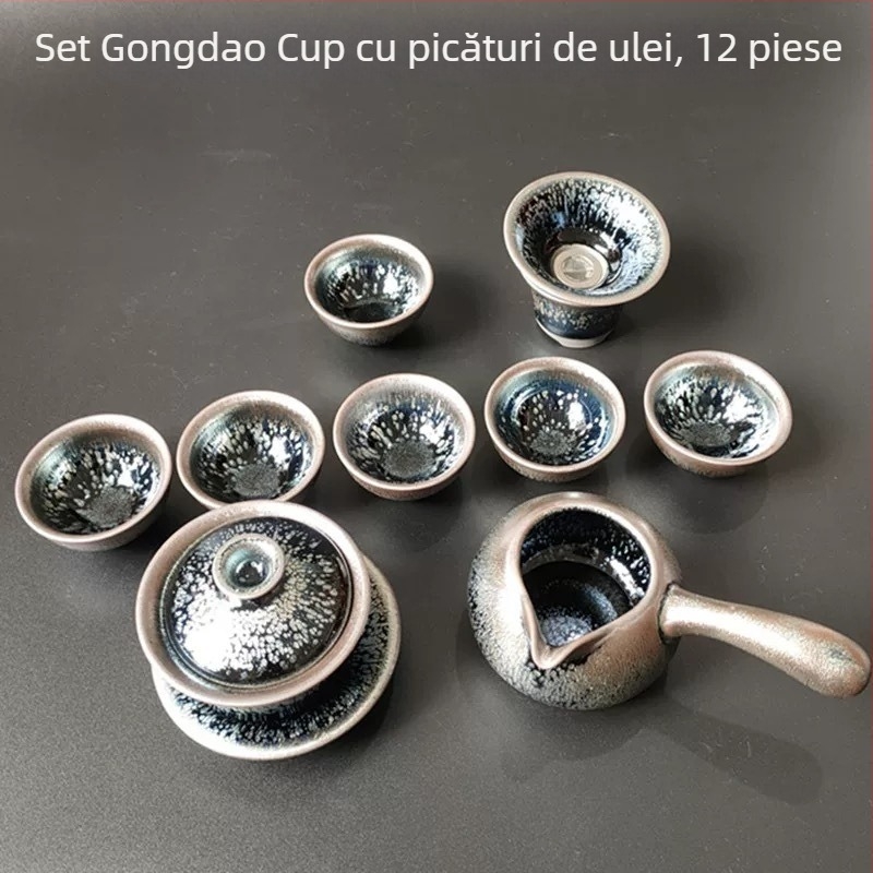 Set de ceai Kung Fu Jianyang Jianzhan: ceainic, gaiwan cu glazură cu picături de ulei și motiv cu o sută de flori, cană pentru distribuție echitabilă și vas mare pentru spălatul ceaiului