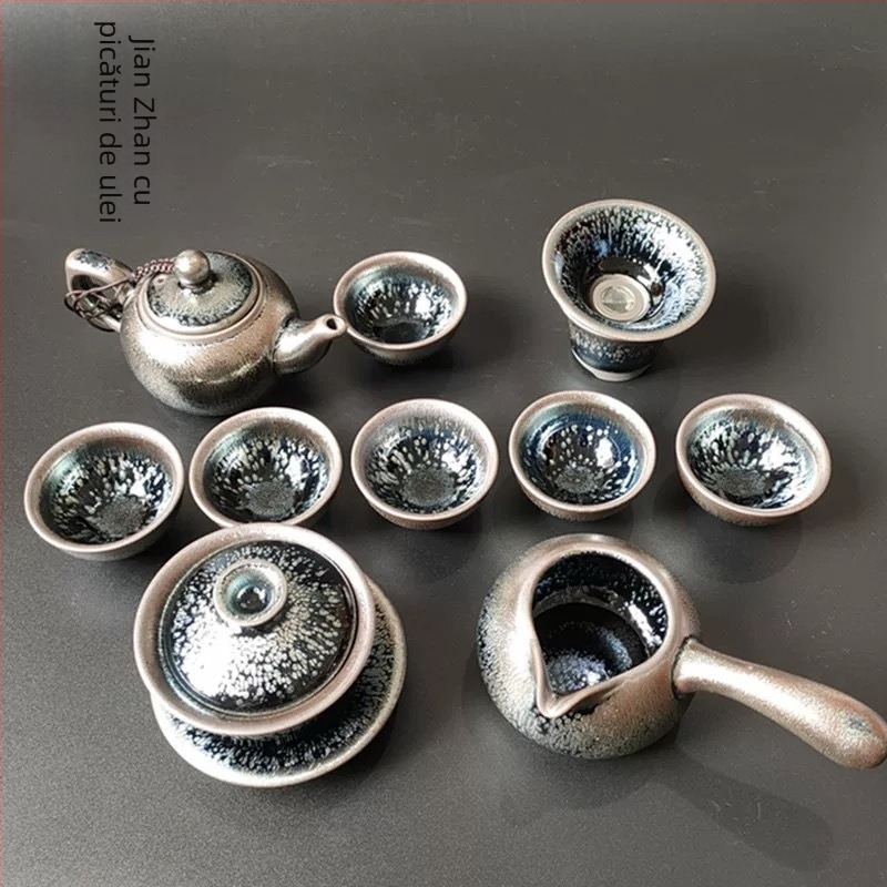 Set de ceai Kung Fu Jianyang Jianzhan: ceainic, gaiwan cu glazură cu picături de ulei și motiv cu o sută de flori, cană pentru distribuție echitabilă și vas mare pentru spălatul ceaiului