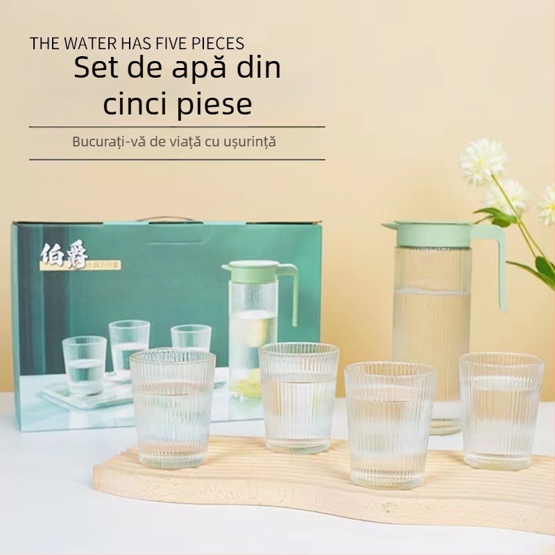Set Earl de vase de apă din 5 piese: ceașcă termorezistentă pentru ceai, cană pentru apă rece și pahar de suc