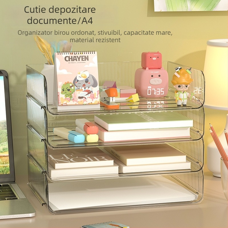 Cutie de depozitare pentru birou, cu mai multe compartimente, deschidere mare, PET, pentru hârtie A4, papetărie, jucării și cărți