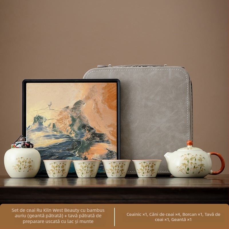 Set de ceai Ru kiln cu glazură crackle, fir de aur și motif bambus, pentru uz casnic și recepții în birou, cadou de lux