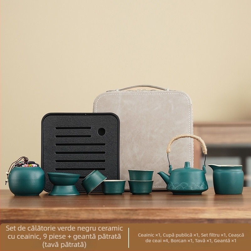 Set de ceai Ru kiln cu glazură crackle, fir de aur și motif bambus, pentru uz casnic și recepții în birou, cadou de lux