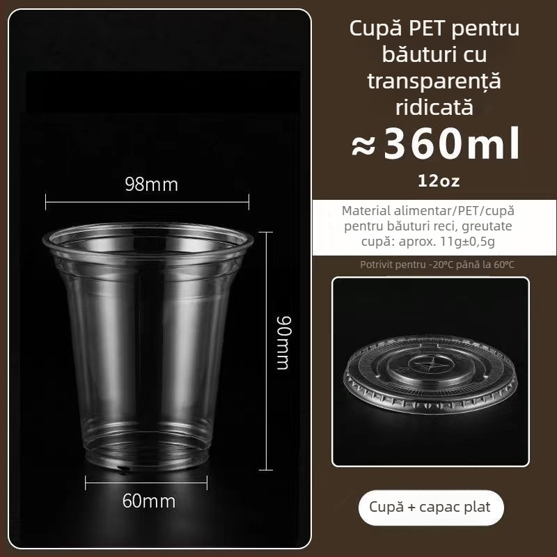 Pahar din plastic pentru ceai cu lapte, capac, gros, transparent, diametrul 98 mm, pentru băuturi reci