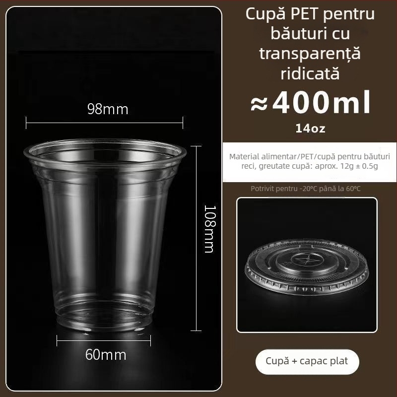 Pahar din plastic pentru ceai cu lapte, capac, gros, transparent, diametrul 98 mm, pentru băuturi reci