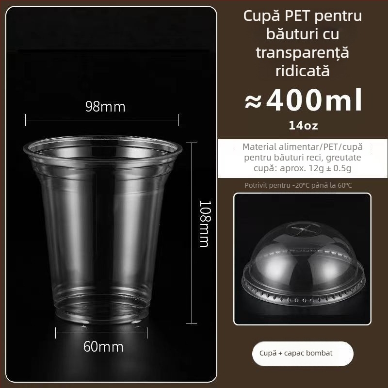 Pahar din plastic pentru ceai cu lapte, capac, gros, transparent, diametrul 98 mm, pentru băuturi reci