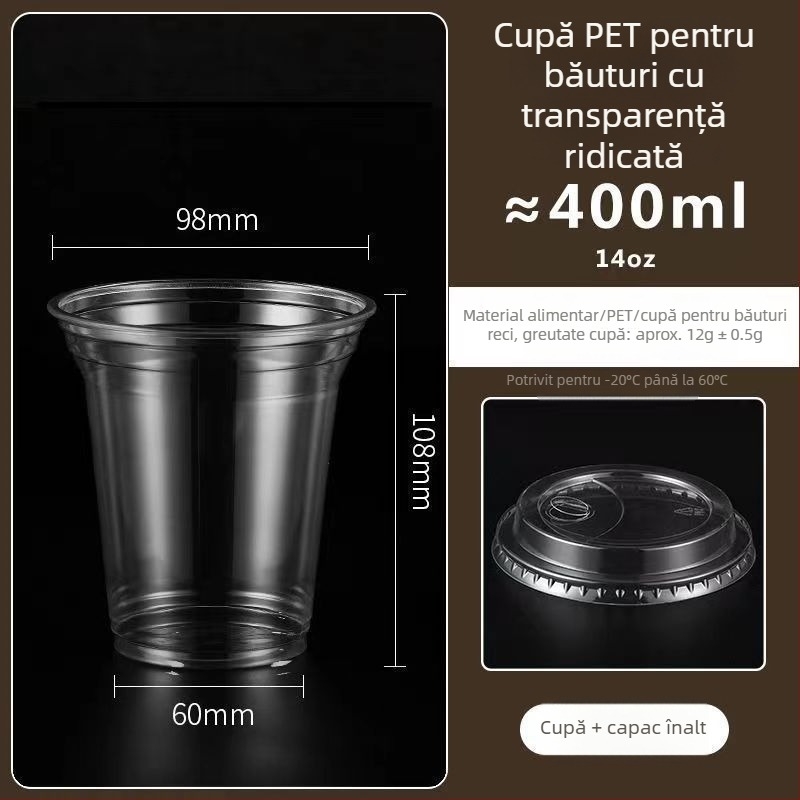 Pahar din plastic pentru ceai cu lapte, capac, gros, transparent, diametrul 98 mm, pentru băuturi reci
