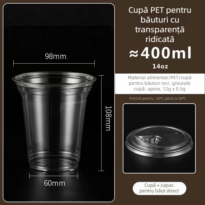 Pahar din plastic pentru ceai cu lapte, capac, gros, transparent, diametrul 98 mm, pentru băuturi reci