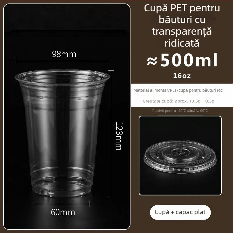 Pahar din plastic pentru ceai cu lapte, capac, gros, transparent, diametrul 98 mm, pentru băuturi reci