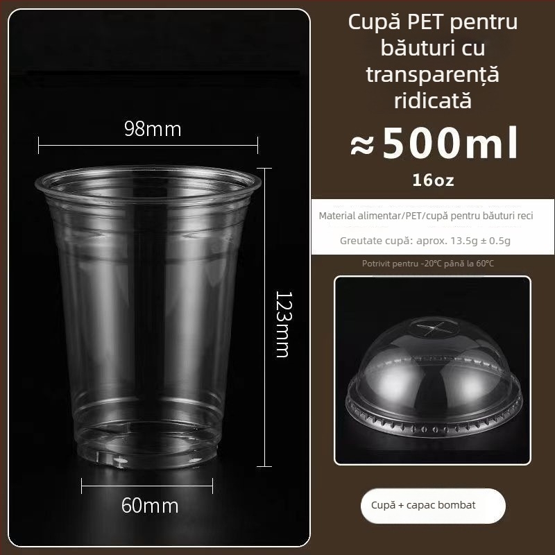 Pahar din plastic pentru ceai cu lapte, capac, gros, transparent, diametrul 98 mm, pentru băuturi reci