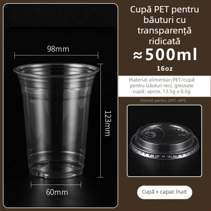 Pahar din plastic pentru ceai cu lapte, capac, gros, transparent, diametrul 98 mm, pentru băuturi reci