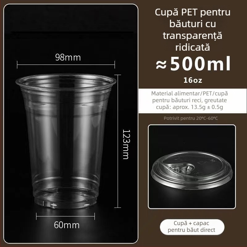 Pahar din plastic pentru ceai cu lapte, capac, gros, transparent, diametrul 98 mm, pentru băuturi reci