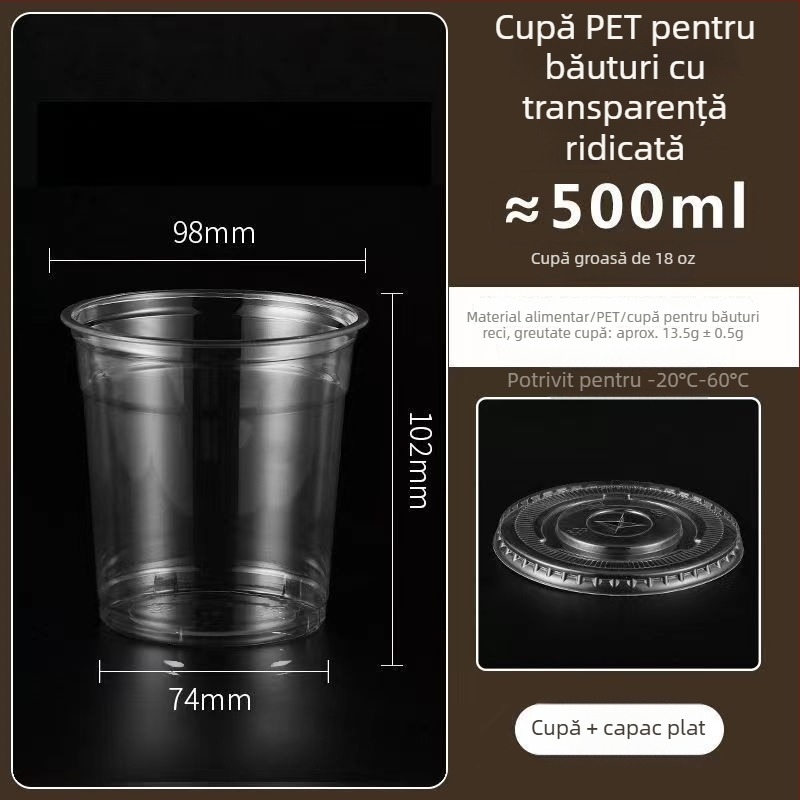 Pahar din plastic pentru ceai cu lapte, capac, gros, transparent, diametrul 98 mm, pentru băuturi reci
