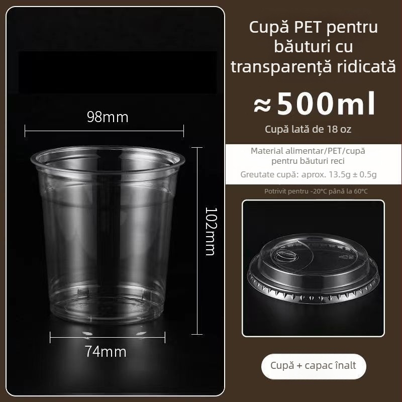 Pahar din plastic pentru ceai cu lapte, capac, gros, transparent, diametrul 98 mm, pentru băuturi reci