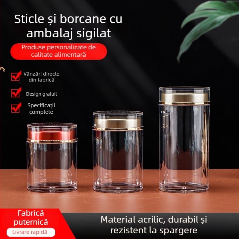 Sticlă transparentă din acril pentru goji, capac dublu, depozitare a suplimentelor alimentare
