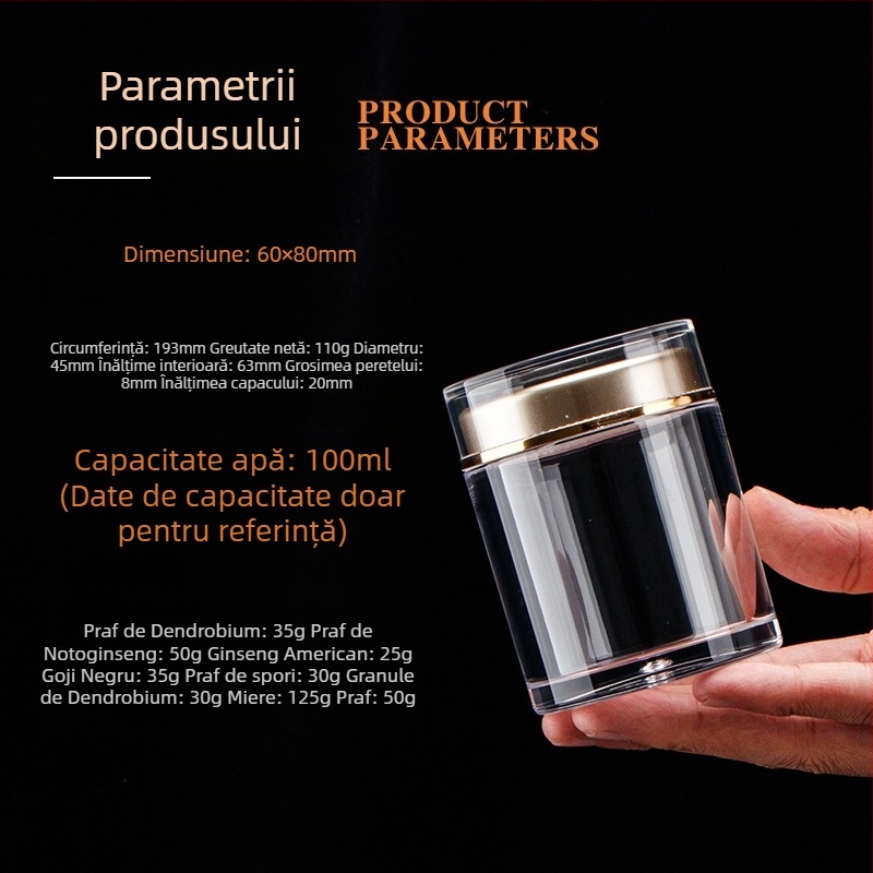 Sticlă transparentă din acril pentru goji, capac dublu, depozitare a suplimentelor alimentare