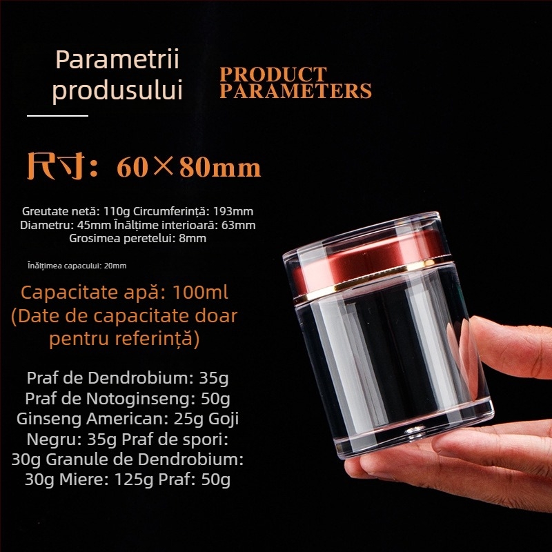 Sticlă transparentă din acril pentru goji, capac dublu, depozitare a suplimentelor alimentare