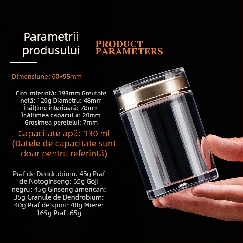 Sticlă transparentă din acril pentru goji, capac dublu, depozitare a suplimentelor alimentare