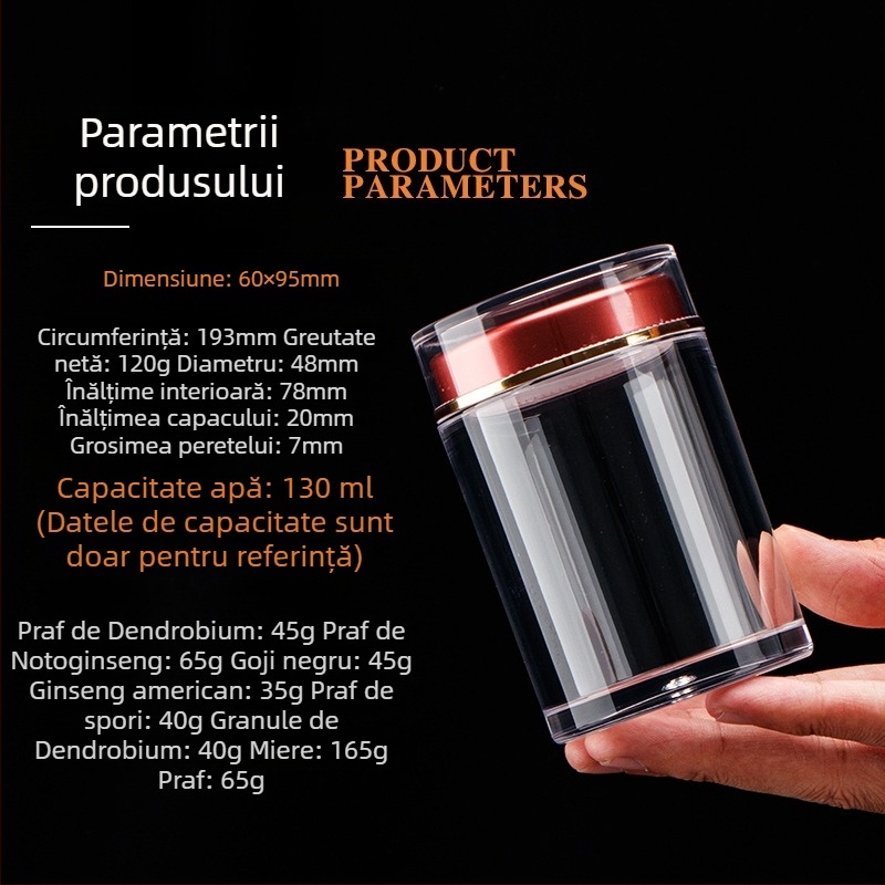 Sticlă transparentă din acril pentru goji, capac dublu, depozitare a suplimentelor alimentare