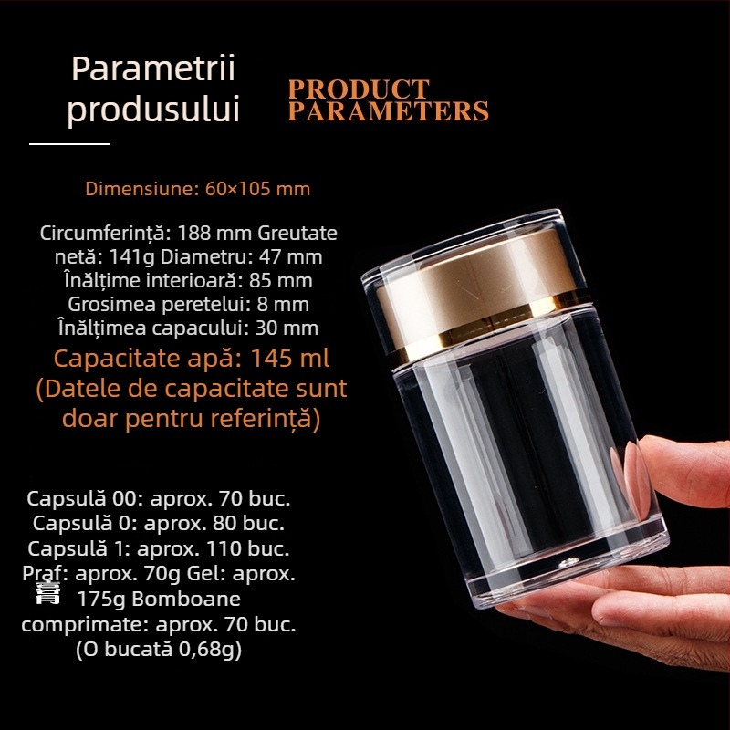 Sticlă transparentă din acril pentru goji, capac dublu, depozitare a suplimentelor alimentare