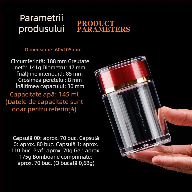Sticlă transparentă din acril pentru goji, capac dublu, depozitare a suplimentelor alimentare
