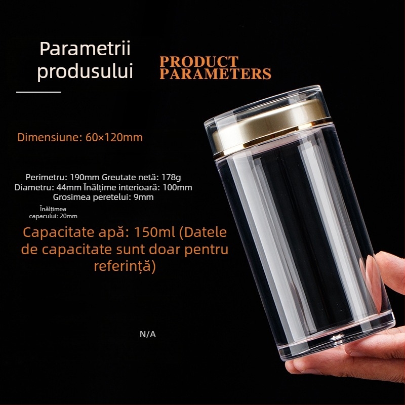 Sticlă transparentă din acril pentru goji, capac dublu, depozitare a suplimentelor alimentare