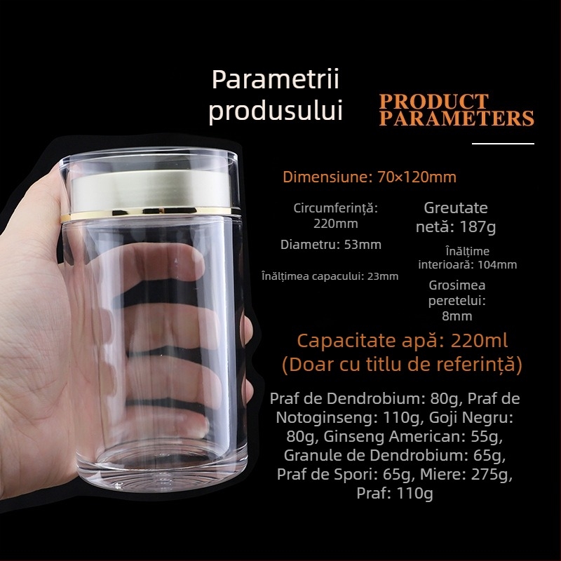 Sticlă transparentă din acril pentru goji, capac dublu, depozitare a suplimentelor alimentare