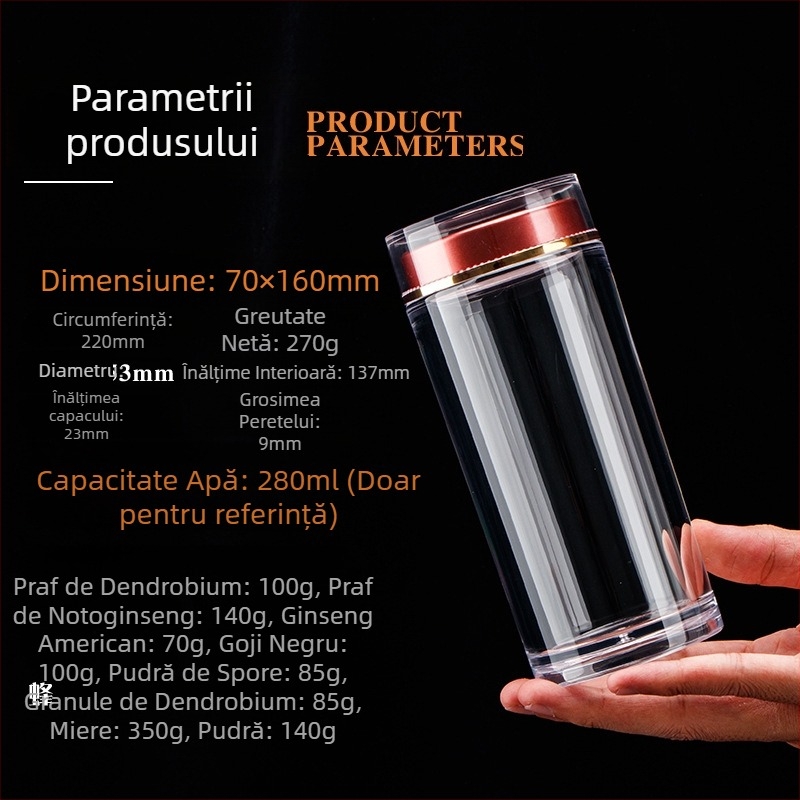 Sticlă transparentă din acril pentru goji, capac dublu, depozitare a suplimentelor alimentare