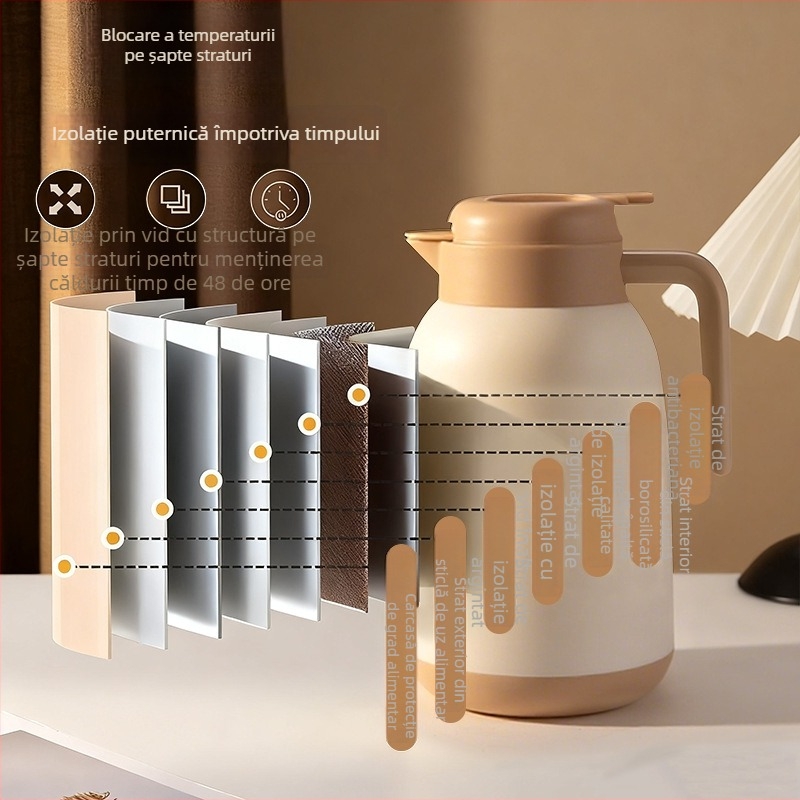 Ceainic izolat din sticlă, capacitate mare, menține apa caldă 12–24 de ore, design modern minimalist