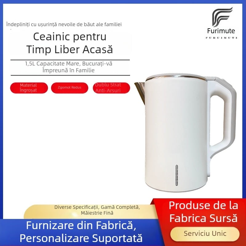 Ceainic electric alb, izolație integrată, capacitate 1,5 L, din oțel inoxidabil, încălzire rapidă pentru birou
