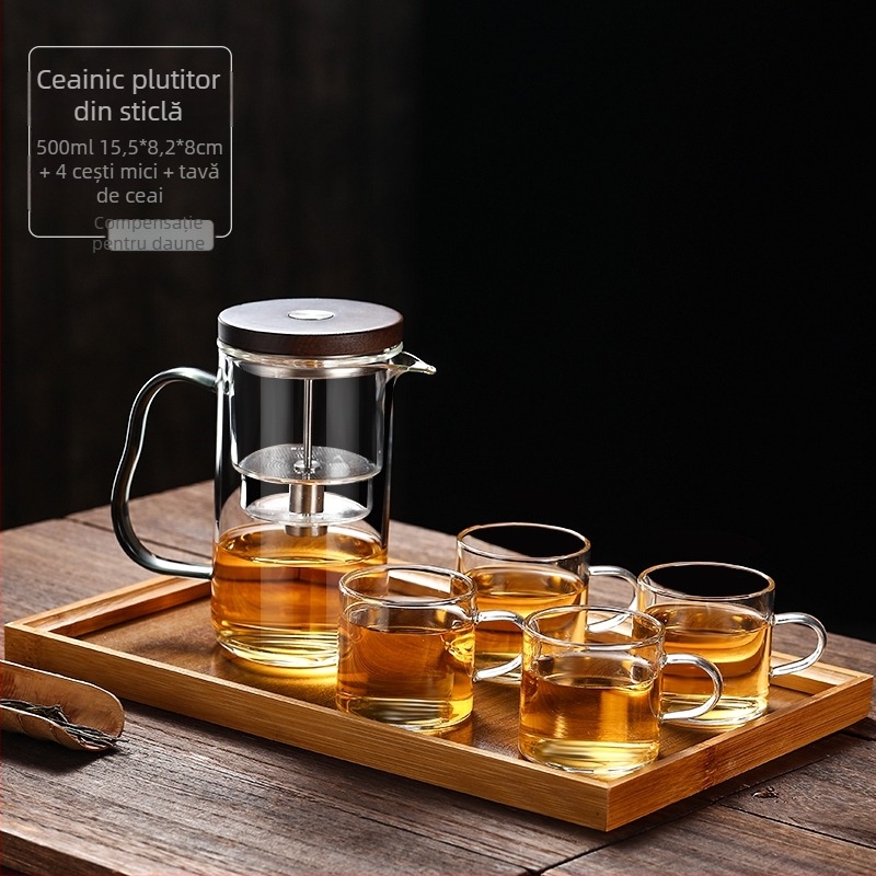 Ceainic de sticlă cu filtru încorporat, infuzor prin apăsare pentru ceai