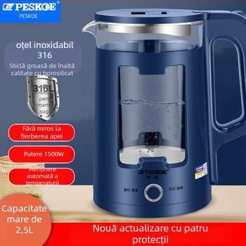 Ceainic electric din sticlă, capacitate 2,5 L, dublu perete, transparent, oprit automat, menține cald, 1500W, bază 360°, carcasa din PP alimentar