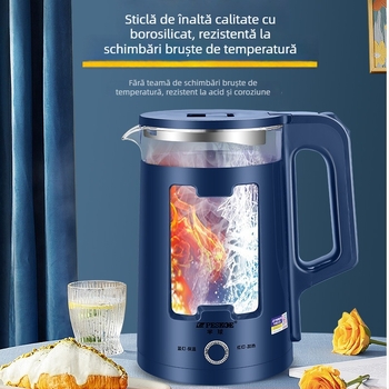 Ceainic electric din sticlă, capacitate 2,5 L, dublu perete, transparent, oprit automat, menține cald, 1500W, bază 360°, carcasa din PP alimentar