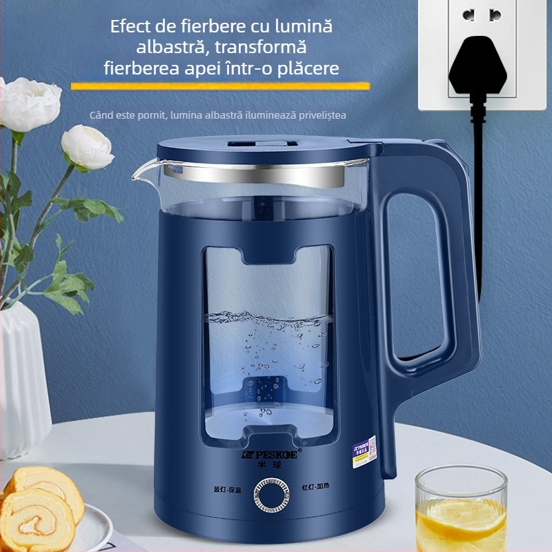 Ceainic electric din sticlă, capacitate 2,5 L, dublu perete, transparent, oprit automat, menține cald, 1500W, bază 360°, carcasa din PP alimentar