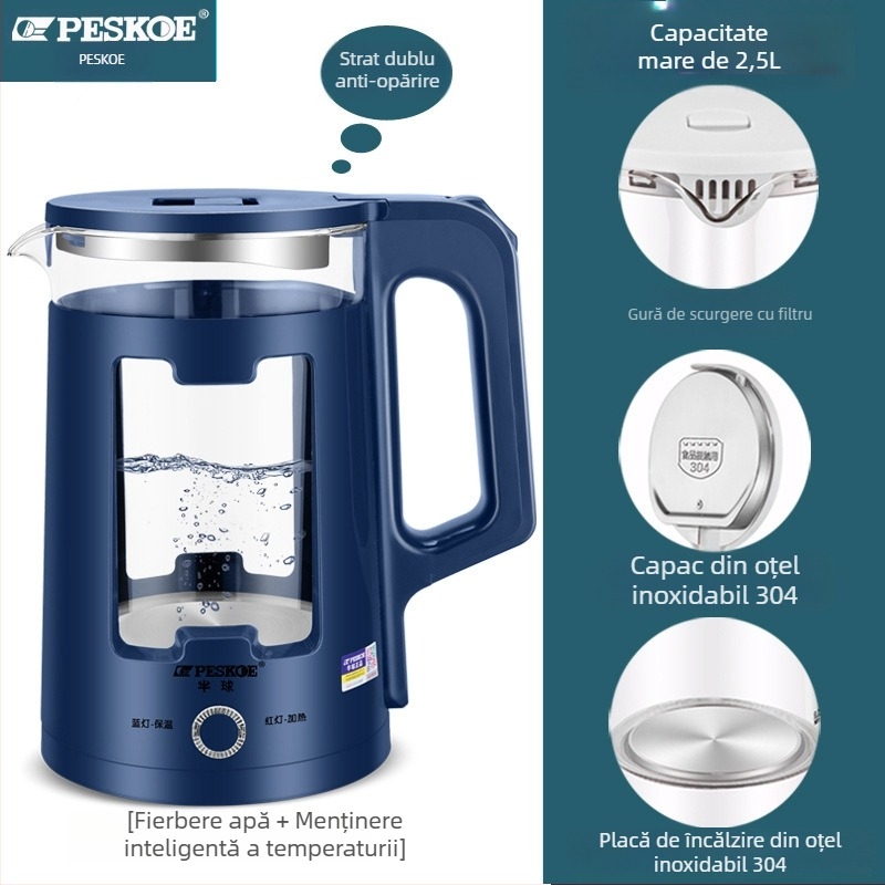 Ceainic electric din sticlă, capacitate 2,5 L, dublu perete, transparent, oprit automat, menține cald, 1500W, bază 360°, carcasa din PP alimentar