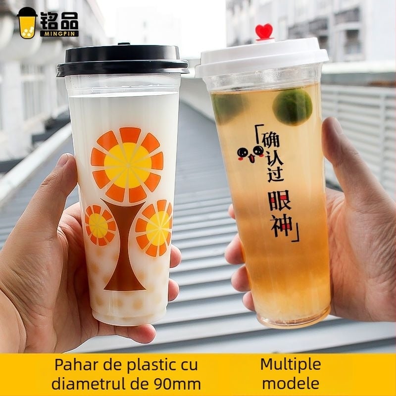 Cupe de plastic de unică folosință, îngroșate, pentru ceai cu lapte, băuturi și lapte de soia, cu capac și pai